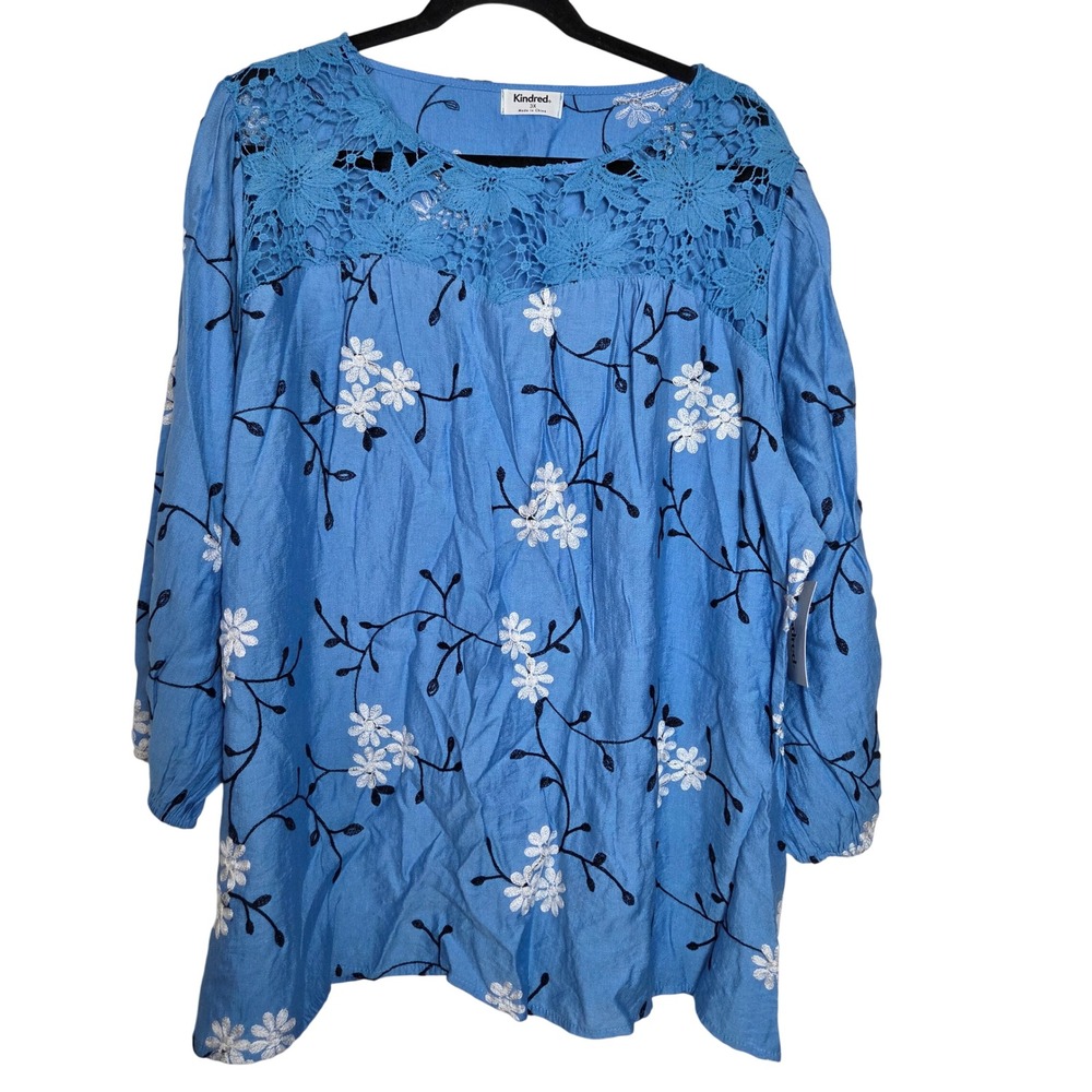 Kindred Blue Floral lace neck blouse womens‎ plus size 3X 3/4 sleeve NWT